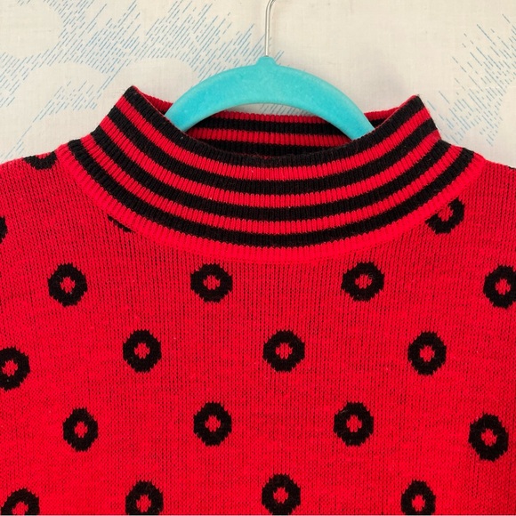 Vintage 90s Red Black Polka Dot Acrylic Sweater small clown funky bold - Picture 6 of 9